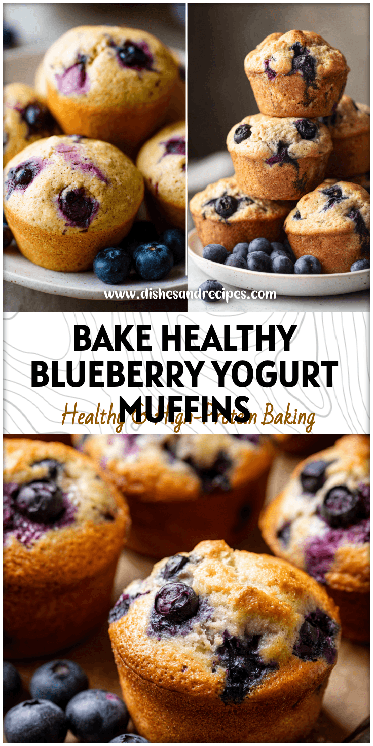 Freshly baked healthy homemade blueberry yogurt muffins on a plate, soft and moist with extra blueberries.